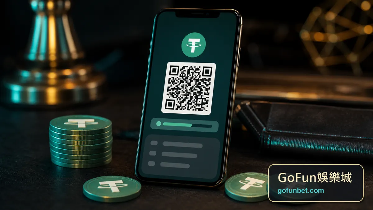 GoFun娛樂城USDT錢包地址、QR code與鏈別確認示意圖