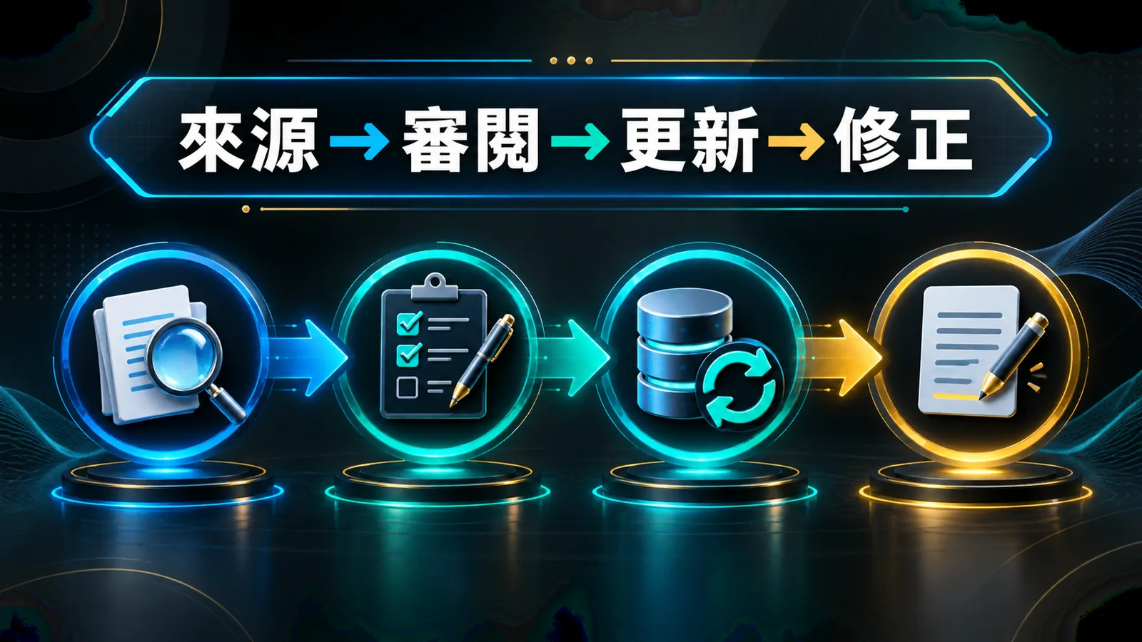 來源到審閱、更新與修正的四階段透明流程圖
