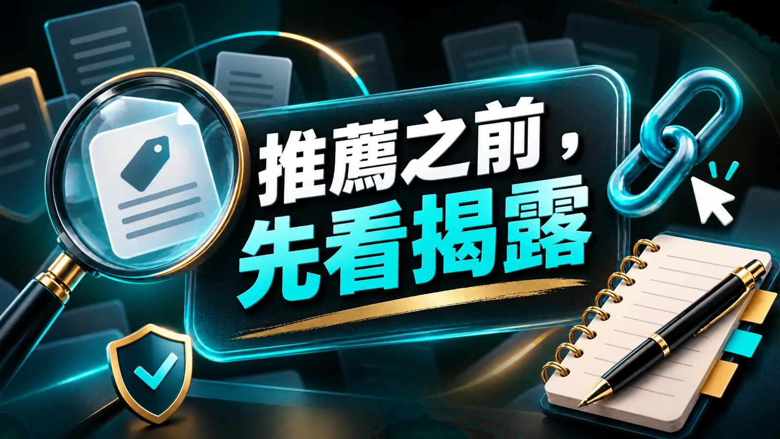 透明標籤、推薦連結與編輯筆記並列的商業揭露資訊圖