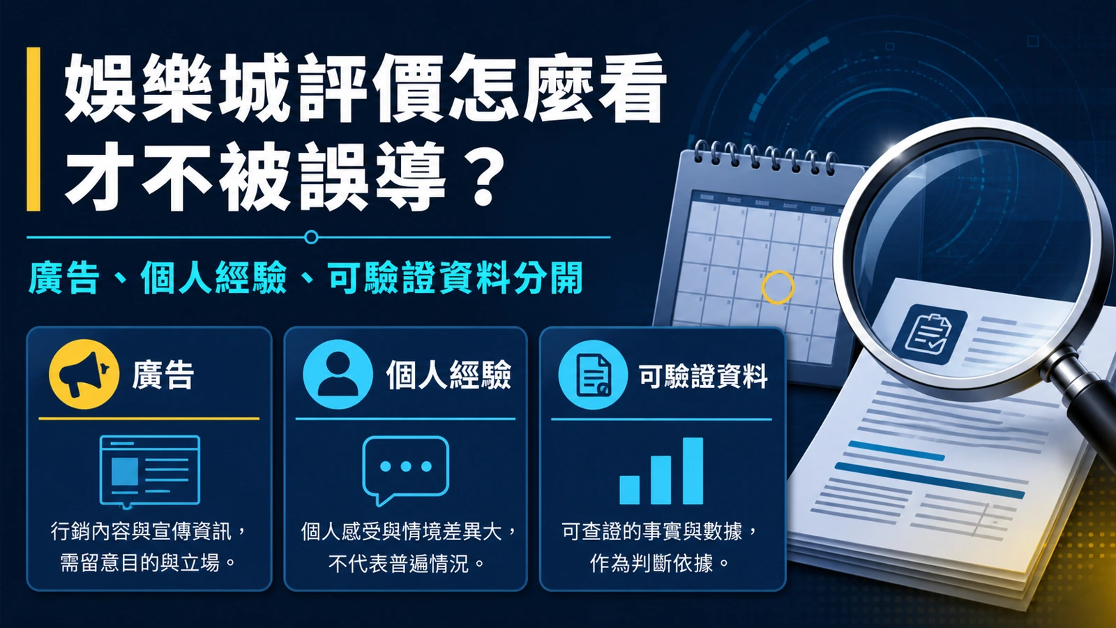 把娛樂城評價分成廣告、個人經驗與可驗證資料的判讀示意圖