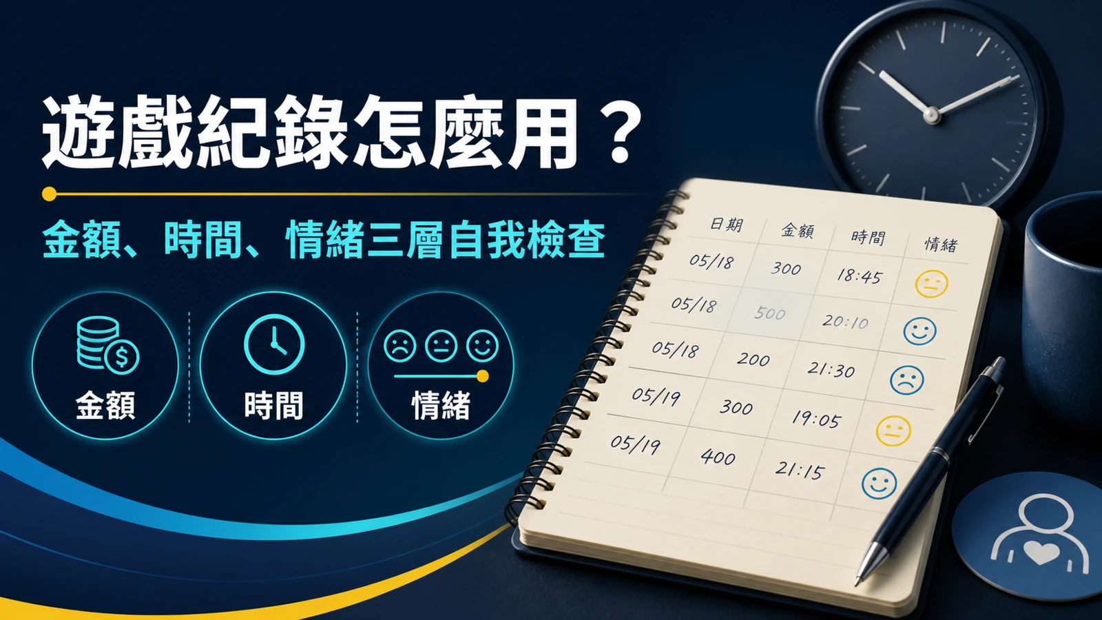 以金額、時間與情緒三層欄位做遊戲紀錄自我檢查的示意圖