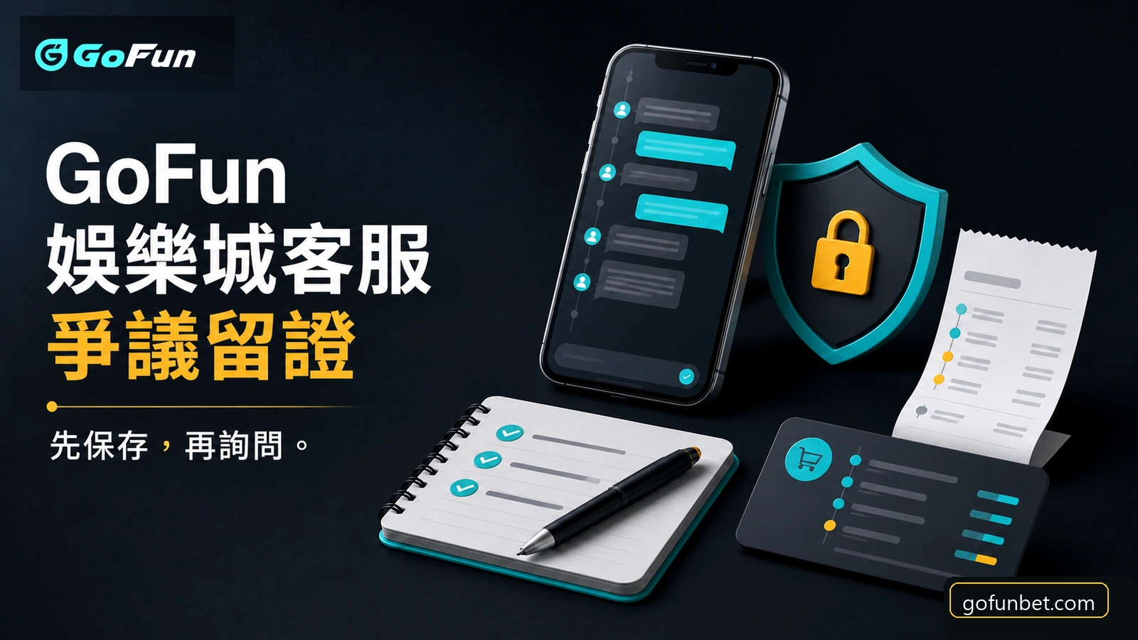 GoFun娛樂城客服爭議留證示意圖，包含手機對話、時間線、交易紀錄與資料保護圖示