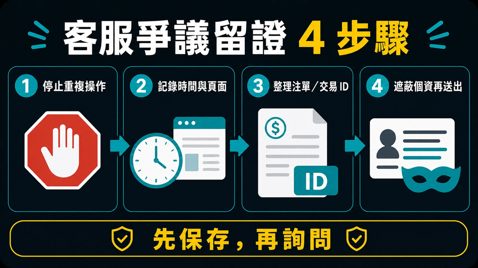 客服爭議留證四步驟資訊圖：停止操作、記錄時間與頁面、整理注單交易 ID、遮蔽個資