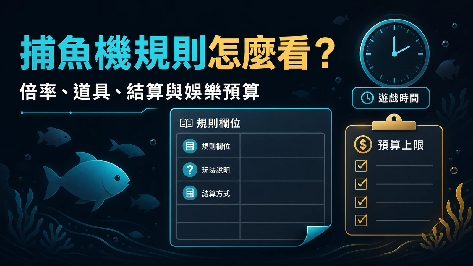 捕魚機規則閱讀示意圖，包含成本、倍率、道具與結算欄位
