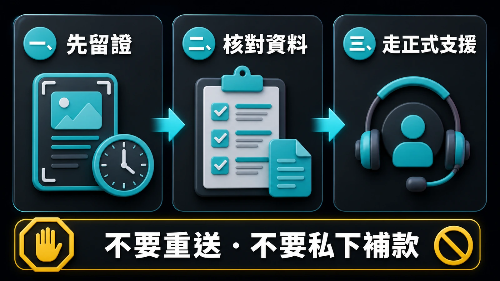 提款失敗時先留證、核對資料與走正式支援的三步流程圖｜GoFun娛樂城繁中資訊圖