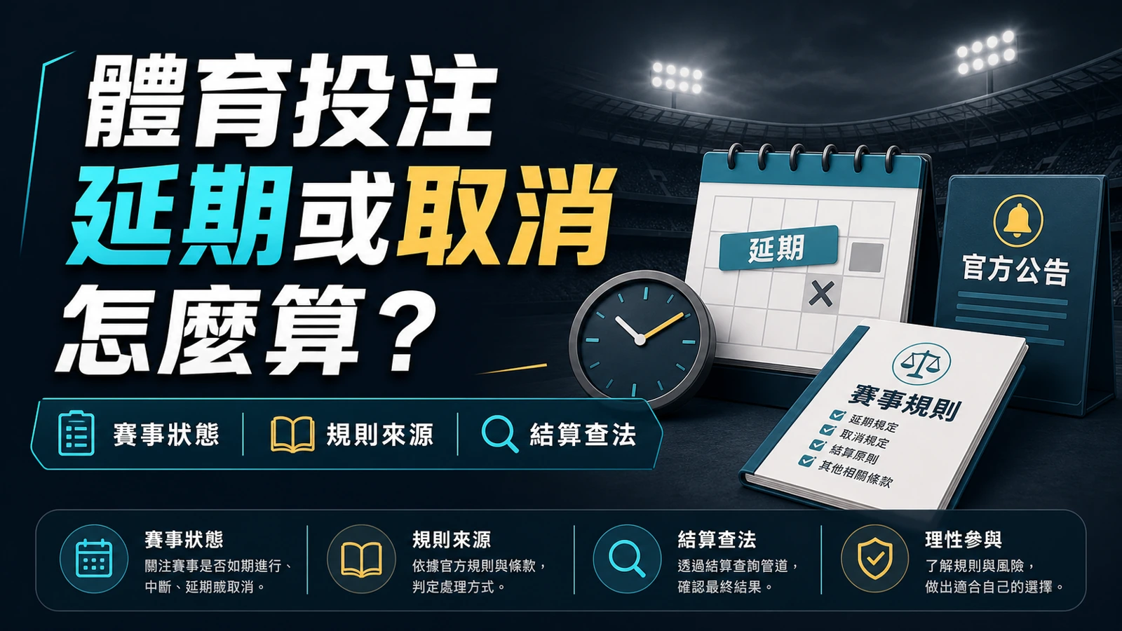體育賽事延期與取消查核示意圖，包含官方狀態、投注市場與結算條款