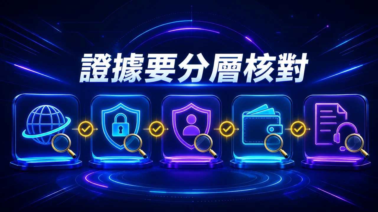 以入口、連線、帳號、金流與紀錄五層呈現 GoFun 安全判斷的證據分層資訊圖