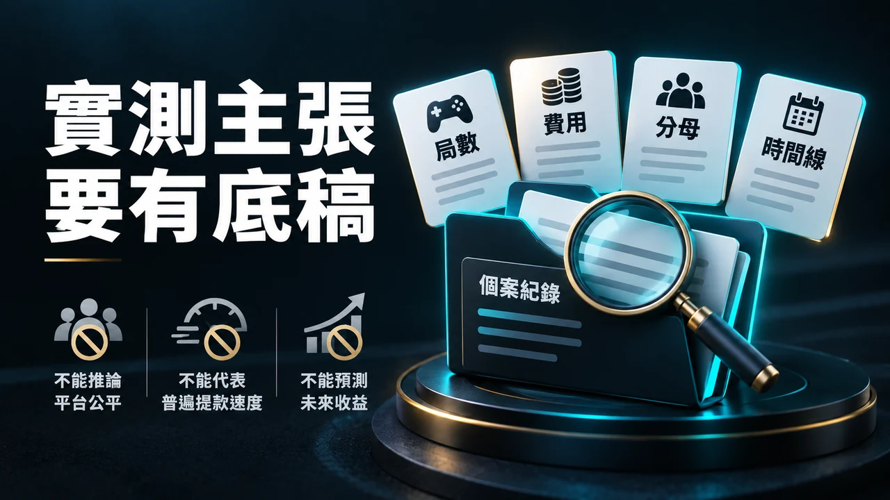 實測主張要有底稿：局數、費用、分母、時間線、結論範圍
