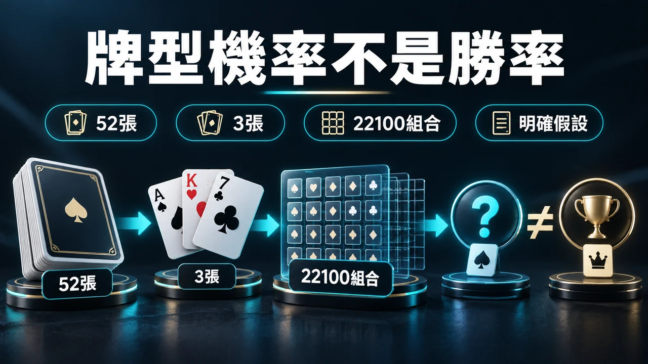 牌型機率不是勝率:52張、3張、22100組合、明確假設、不保證等待期限
