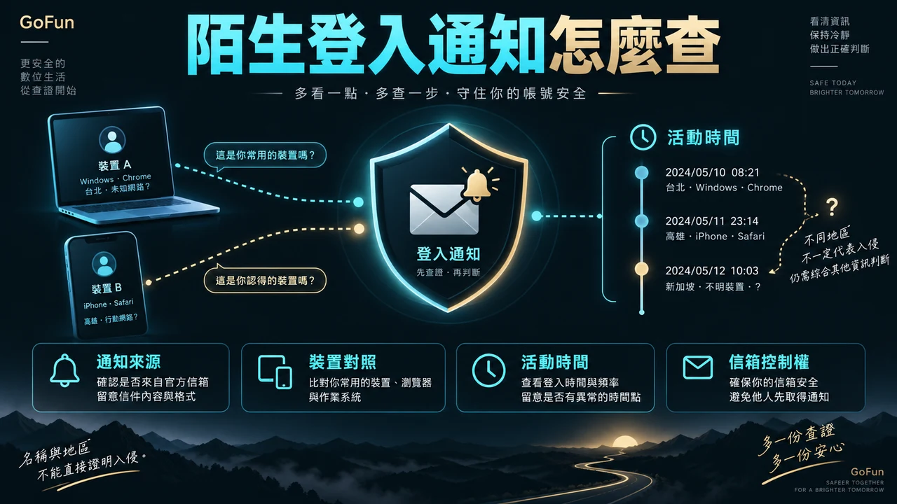GoFun 陌生裝置登入：通知來源、裝置對照、活動時間、信箱控制權